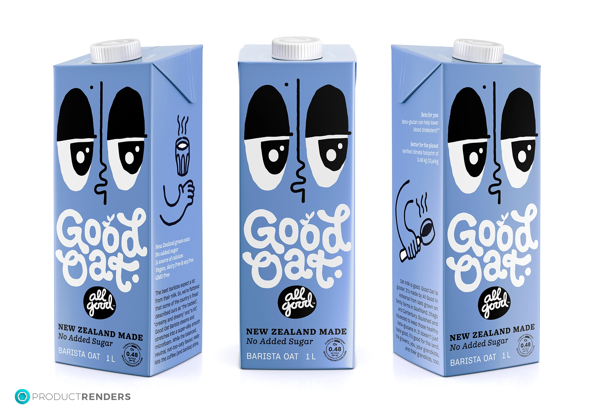 Three TatraPak cartons of All Good Good Oat Original Oat Milk with a friendly cartoon face and the words "New Zealand Made" and "No Added Sugar".