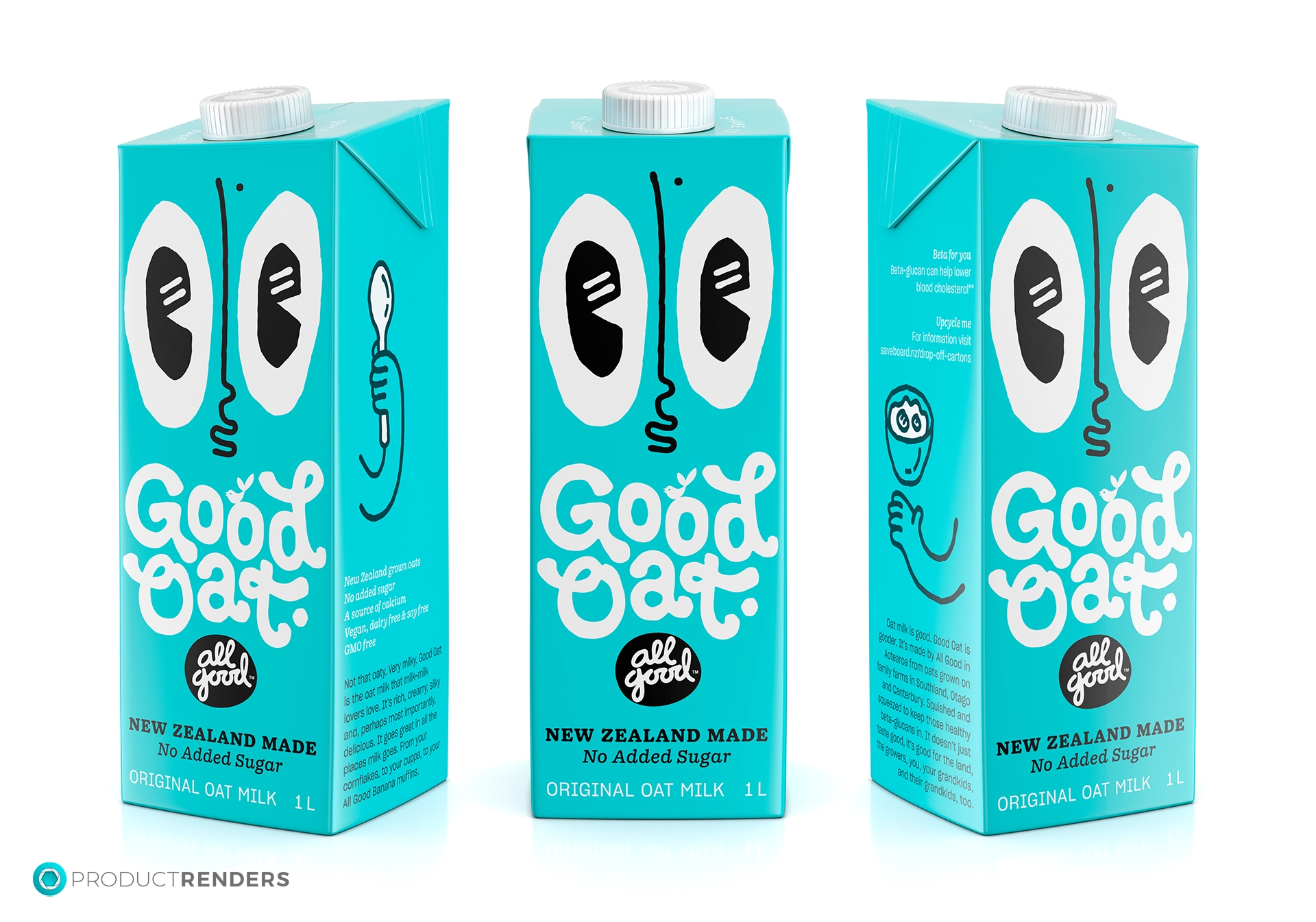 Three TetraPak cartons of All Good Good Oat Original Oat Milk with a friendly cartoon face and the words "New Zealand Made" and "No Added Sugar".