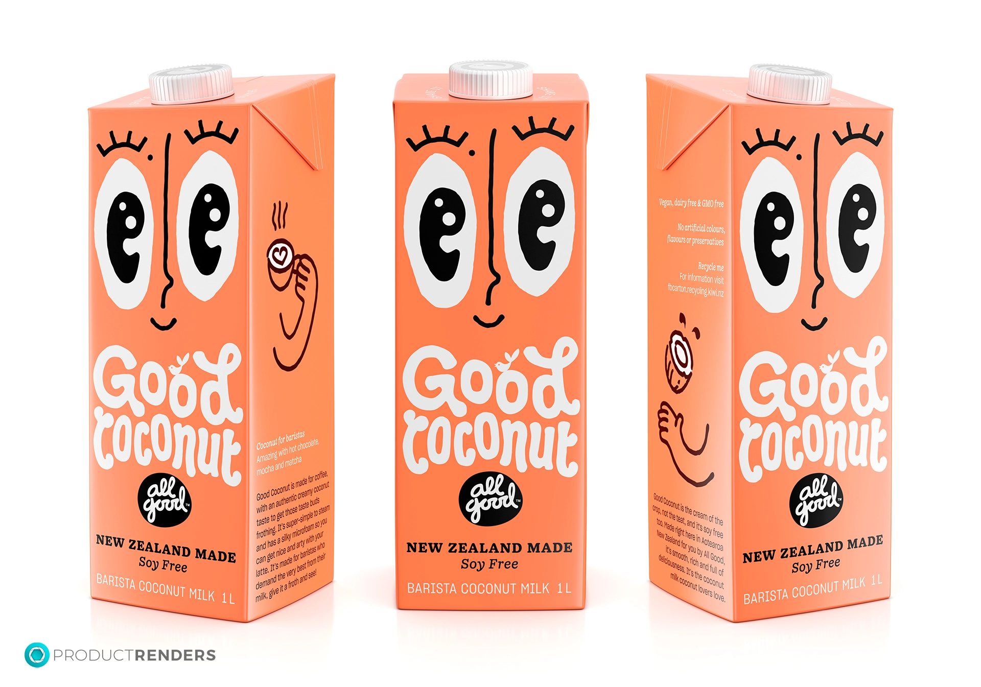 Three TetraPak cartons of All Good Good Coconut Barista Coconut Milk with a friendly cartoon face and the words "New Zealand Made" and "Soy Free".