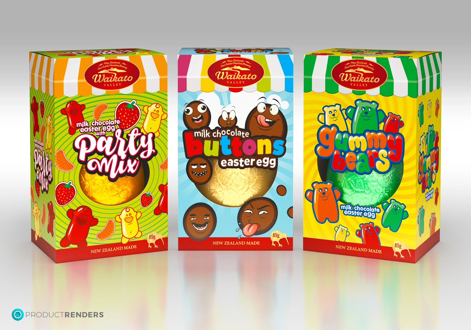 Three different Waikato Valley Easter eggs: Party Mix, Buttons, and Gummy Bears.
