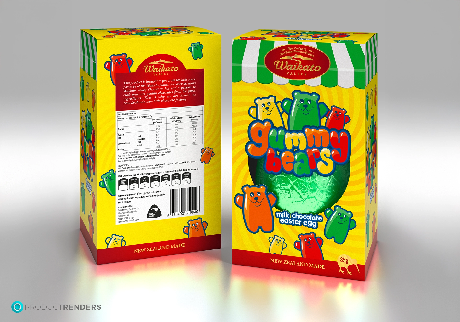 A yellow and green box of Waikato Valley Gummy Bears Milk Chocolate Easter Egg, with a picture of a chocolate egg filled with gummy bears.