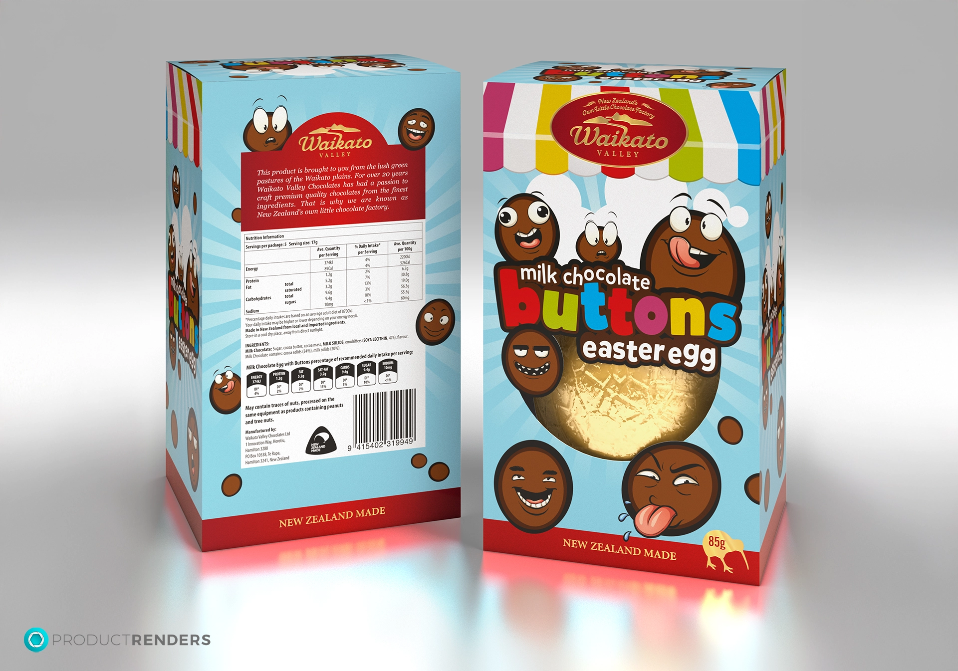 A yellow and green box of Waikato Valley Milk Chocolate Buttons Easter Egg, with a picture of a chocolate egg with funny faces.