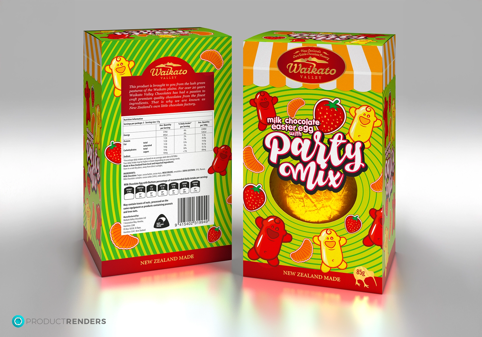 A yellow and green box of Waikato Valley Party Mix Easter Eggs with a picture of a duck and a chocolate egg.