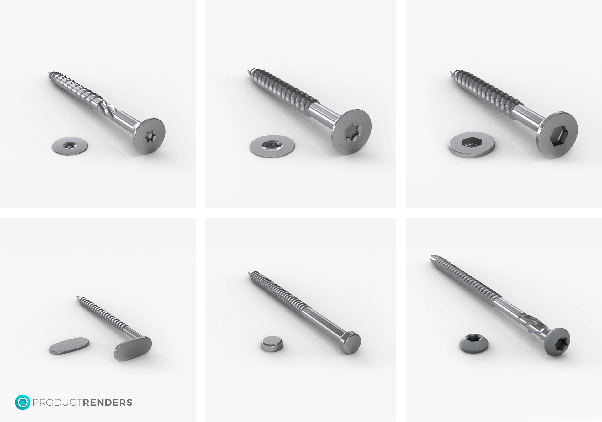 Six different types of screws with various heads and washers.