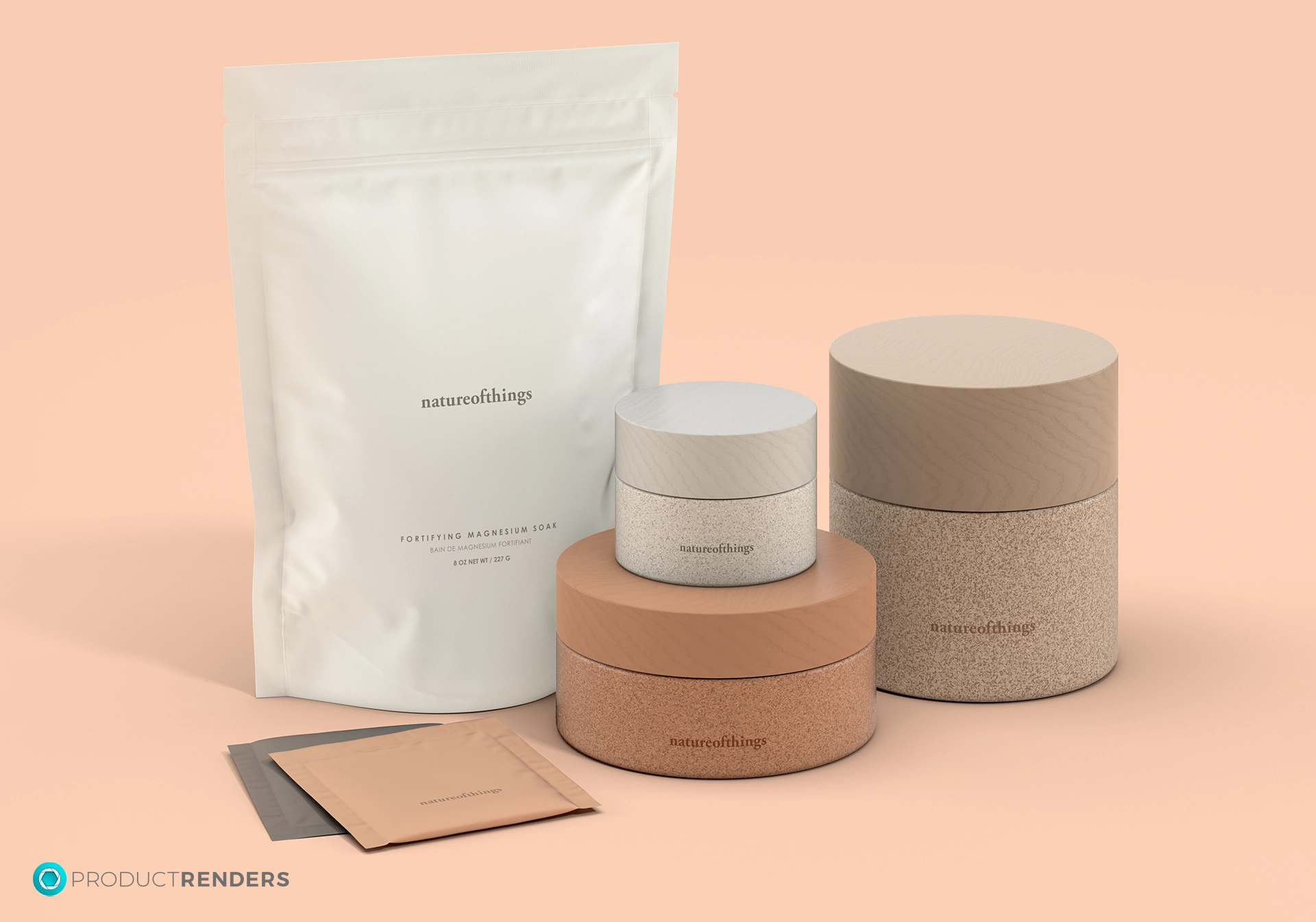 Three cylindrical jars of Nature of Things facial moisturizer, a white pouch, and two small brown pouches.