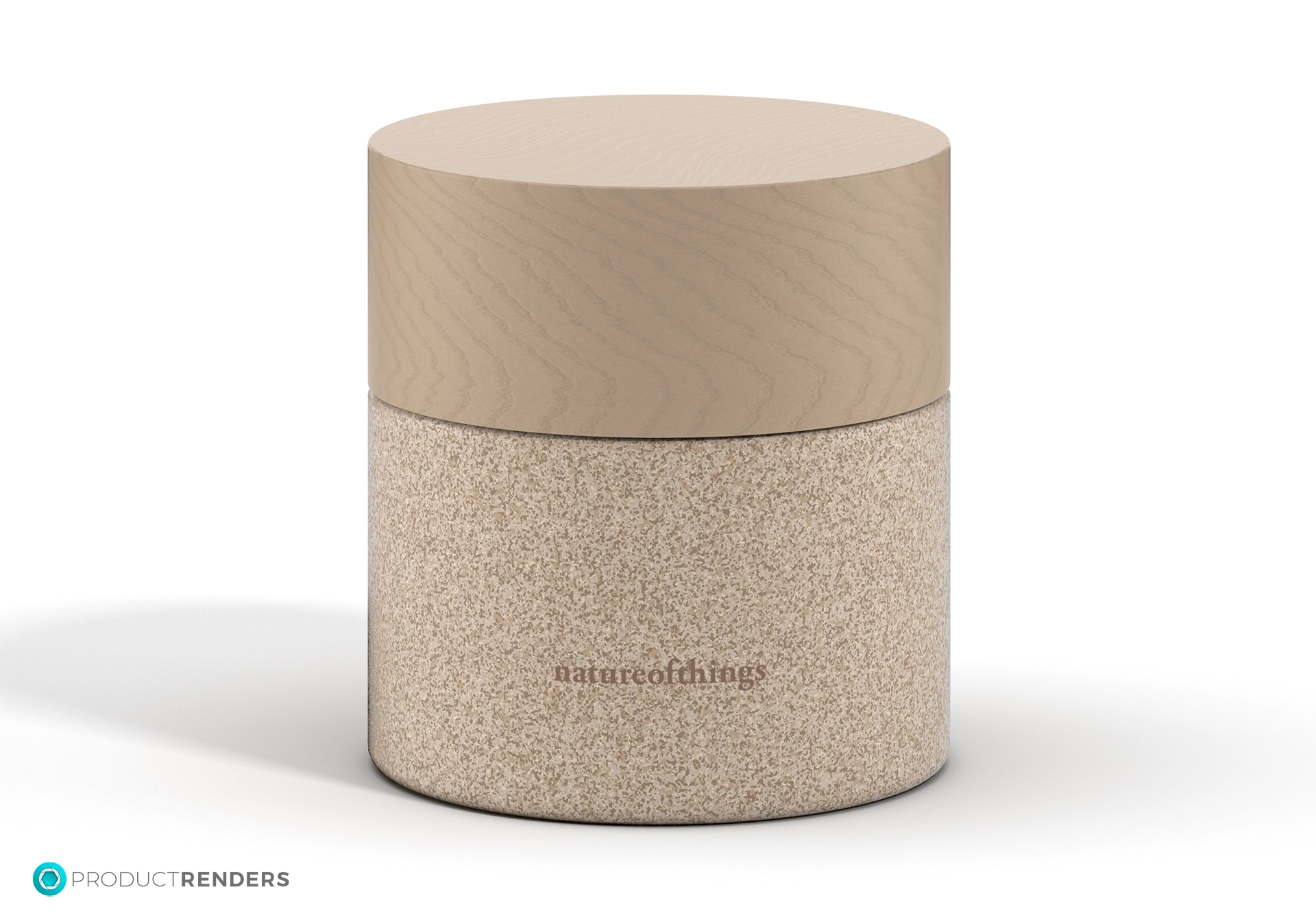 A cylindrical jar of Nature of Things facial moisturizer with a light brown wooden lid.
