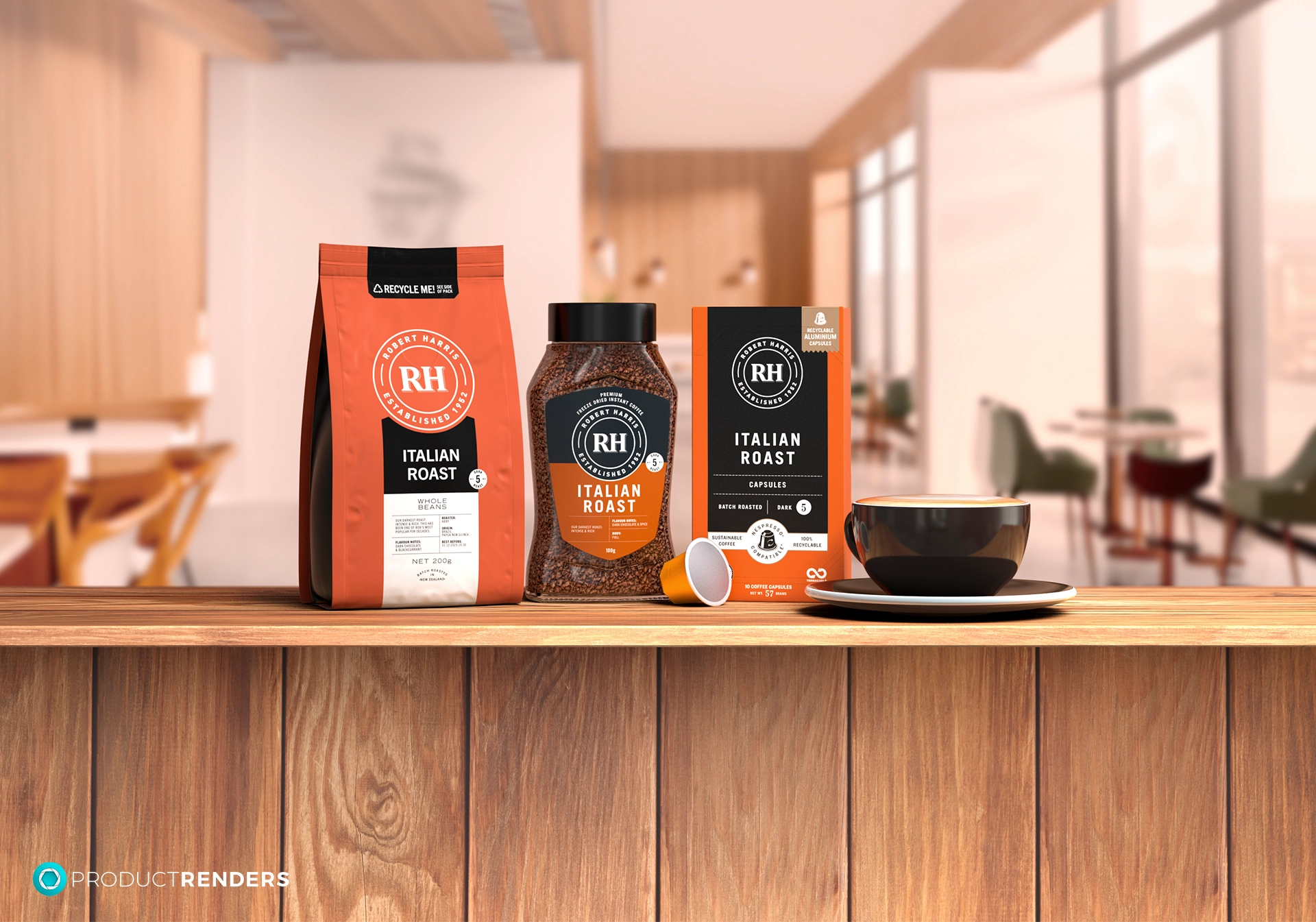 Three different types of Robert Harris Italian Roast coffee: ground beans, instant coffee, and espresso capsules, on a wooden counter in a cafe.