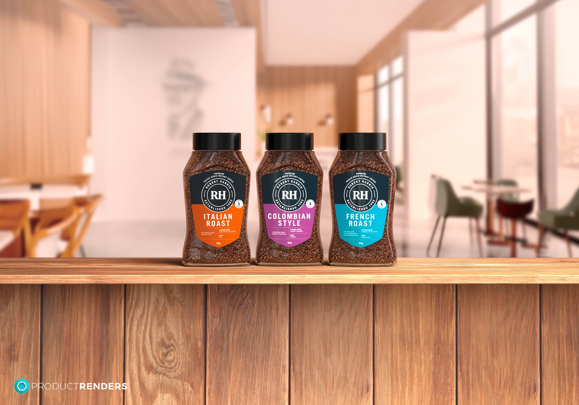 Three jars of Robert Harris instant coffee: Italian Roast, Colombian Style, and French Roast, on a wooden counter in a cafe.