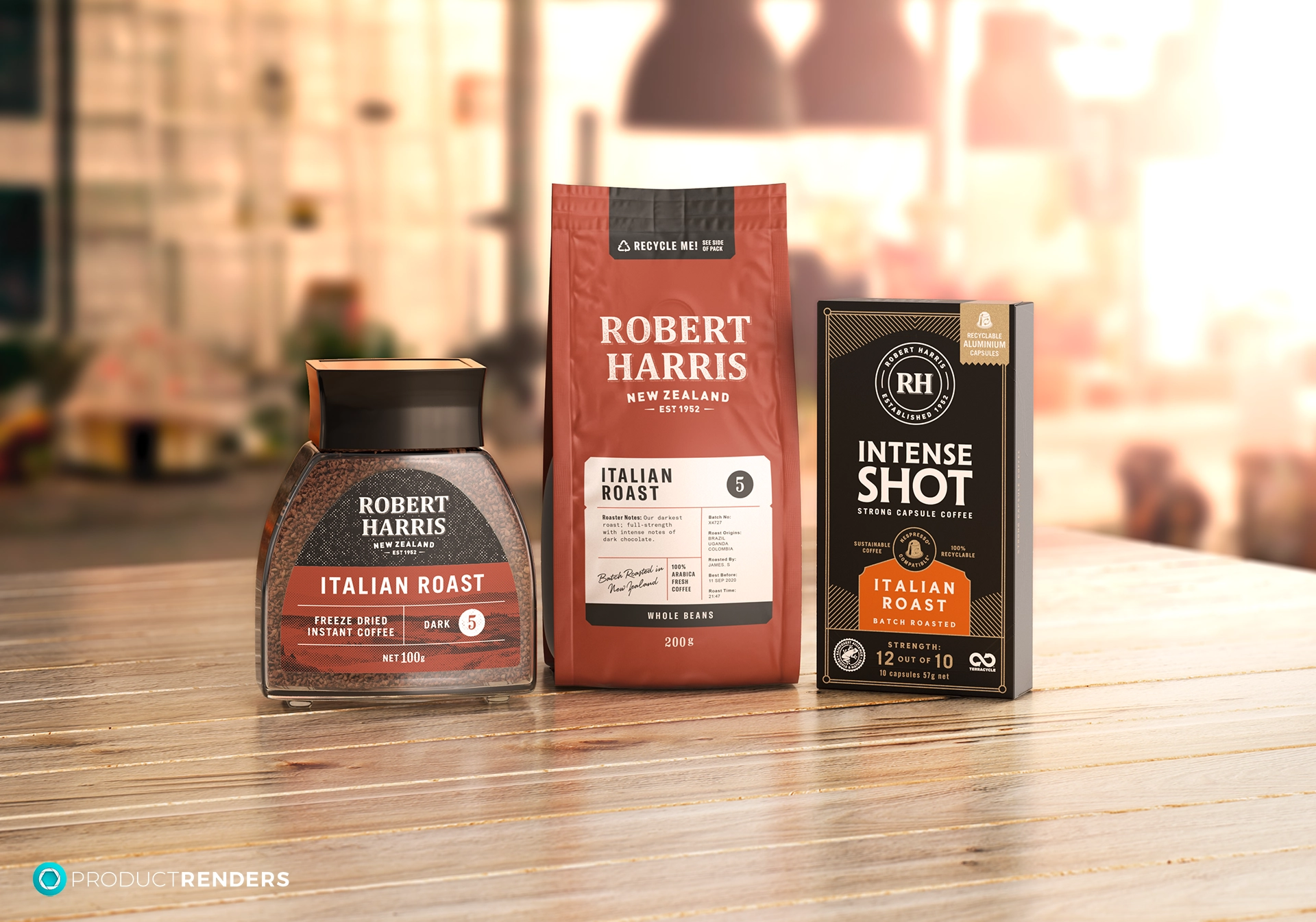 Three different types of Robert Harris Italian Roast coffee: ground beans, instant coffee, and espresso capsules.