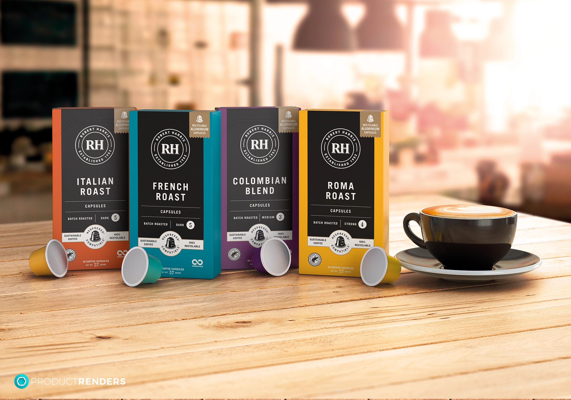 Four boxes of Robert Harris coffee capsules in different flavours: Italian Roast, French Roast, Colombian Blend, and Roma Roast, with a cup of coffee in the background.