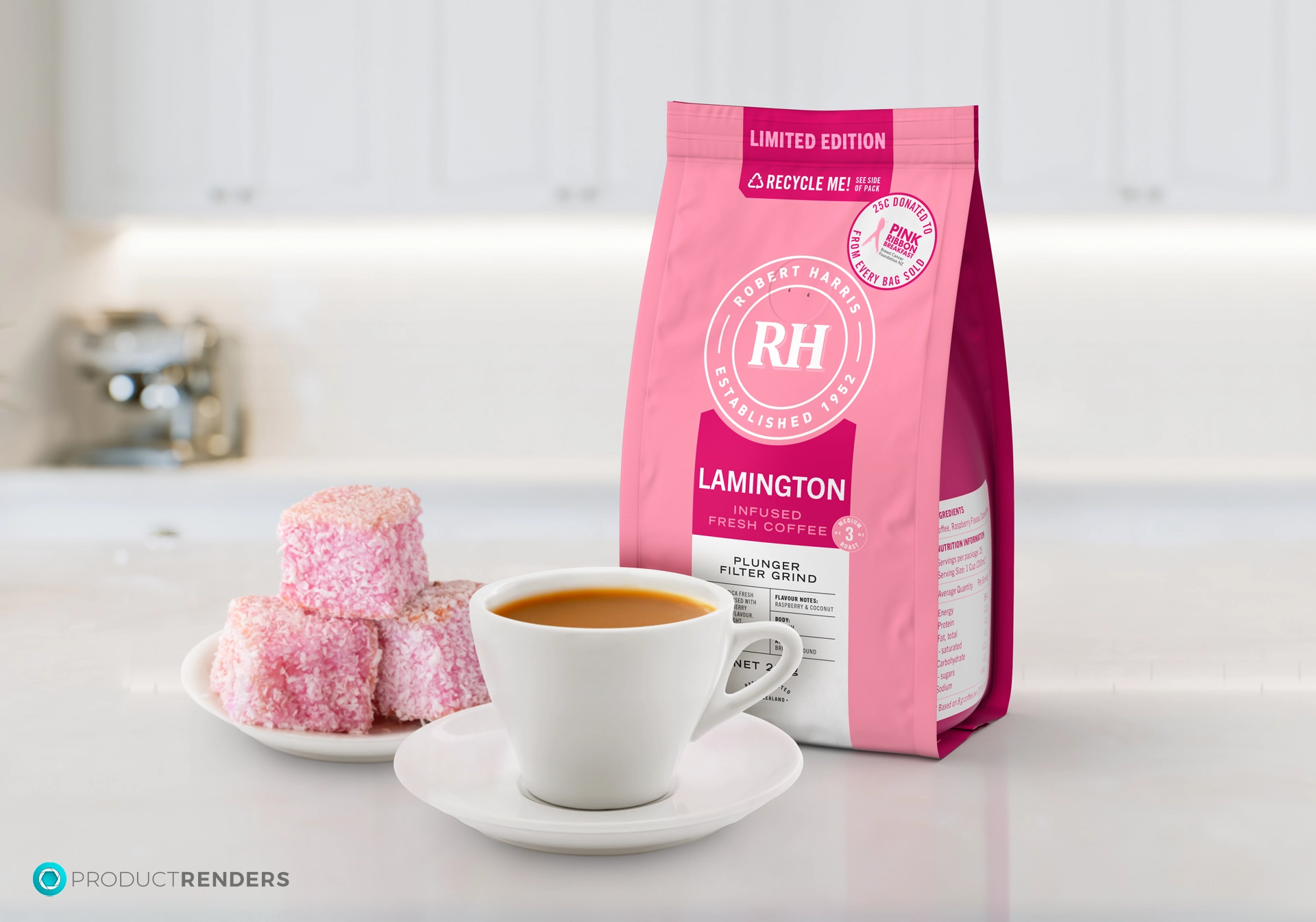 A bag of Robert Harris Lamington Infused Coffee with a cup of coffee and a pile of Lamingtons on a white counter.
