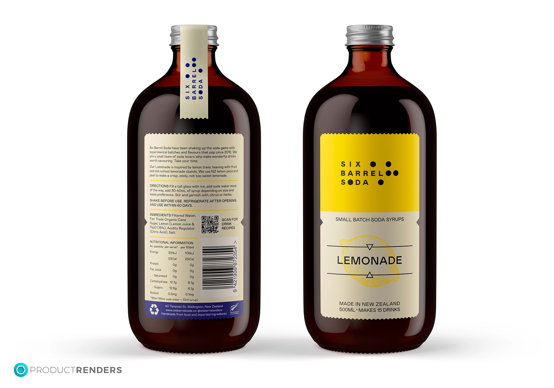 A brown glass bottle of Six Barrel Soda Lemonade syrup, showing the front and back labels.