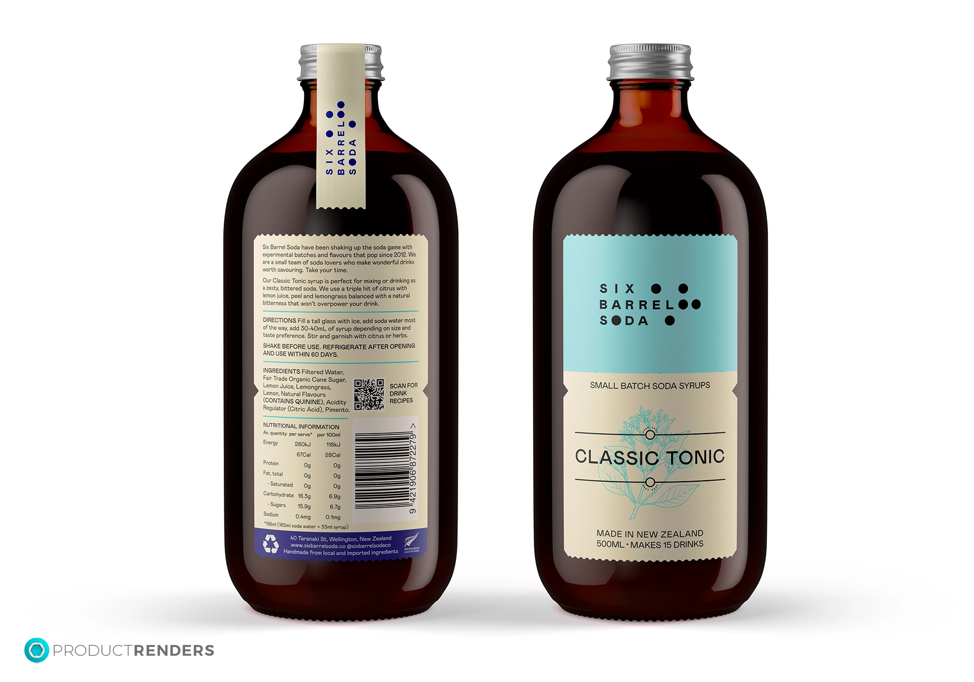 A brown glass bottle of Six Barrel Soda Classic Tonic syrup, showing the front and back labels.
