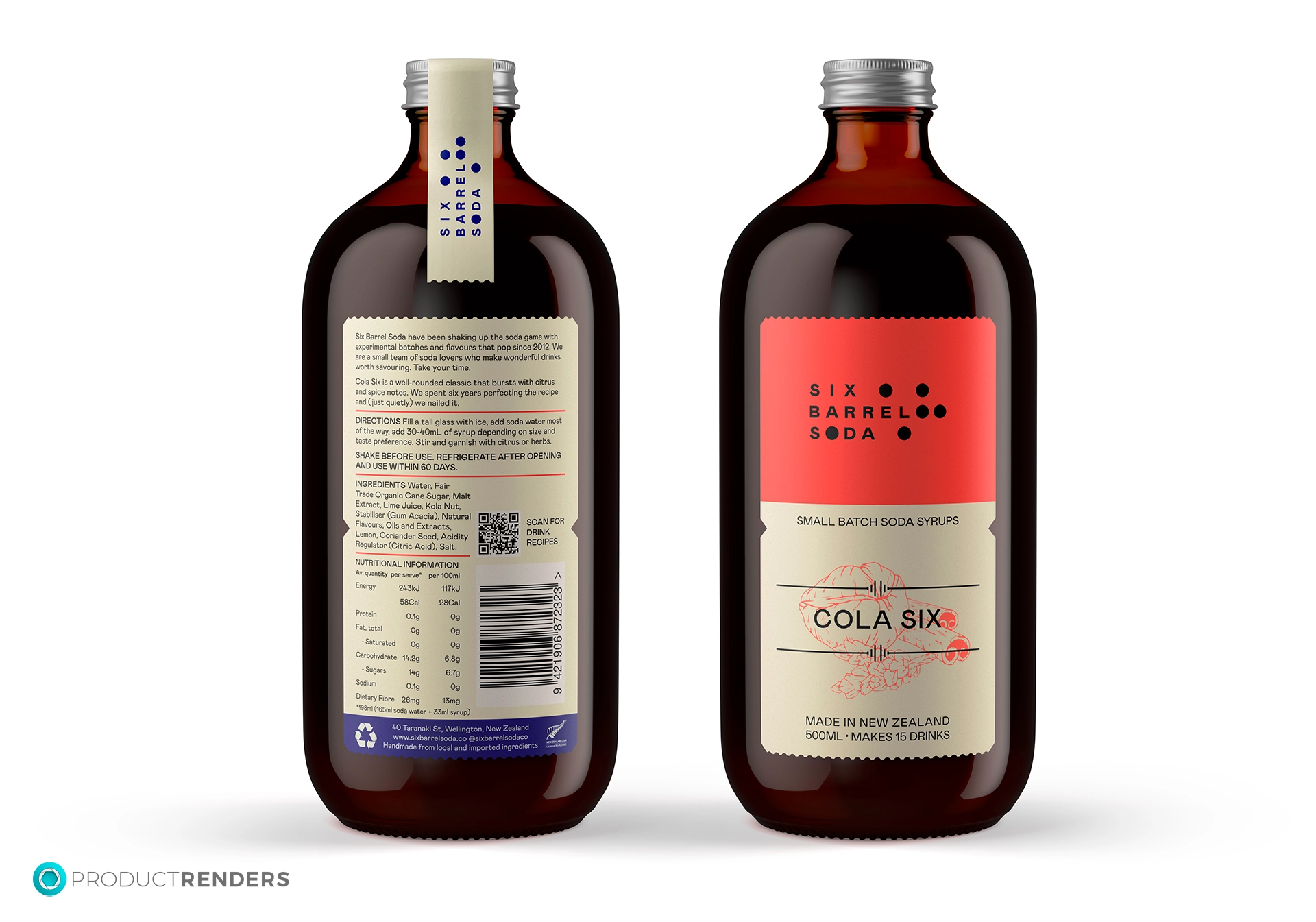 A brown glass bottle of Six Barrel Soda Cola Six syrup, showing the front and back labels.
