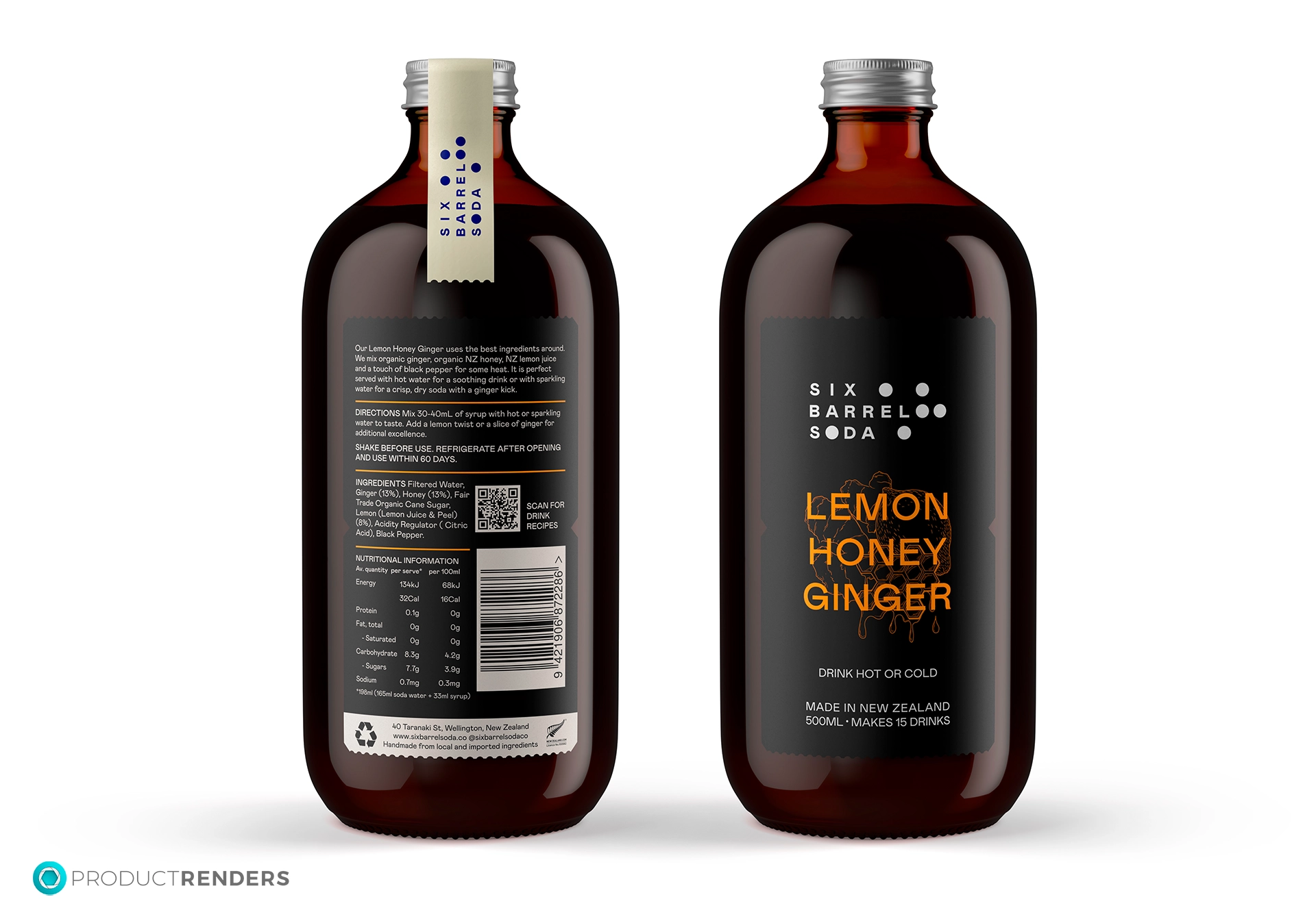 A brown glass bottle of Six Barrel Soda Lemon Honey Ginger syrup, showing the front and back labels.