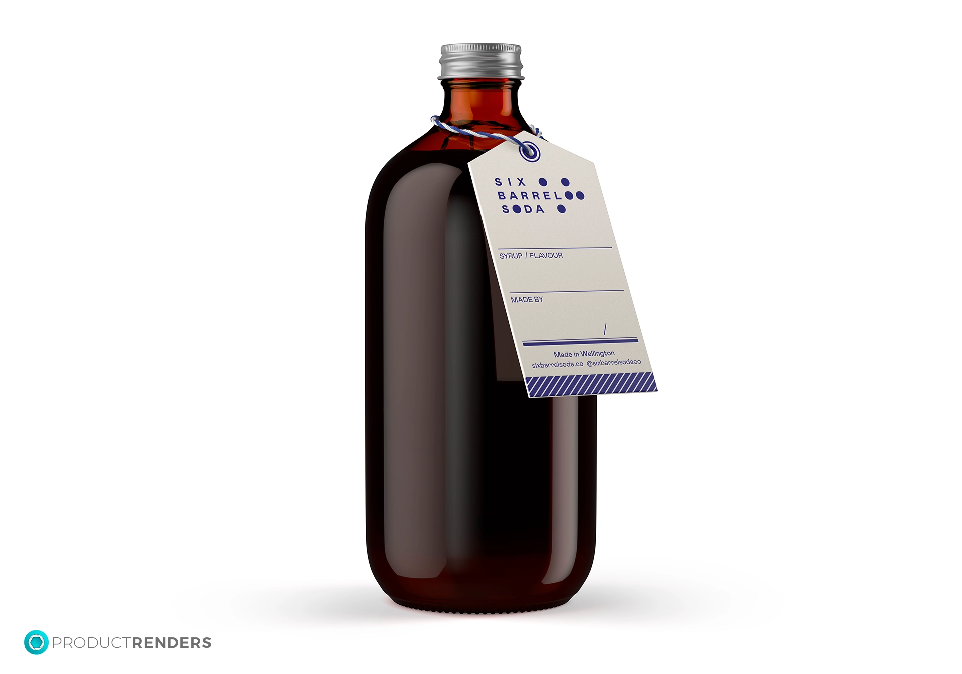 A brown glass bottle with a silver cap and a white label attached, labeled as Six Barrel Soda Syrup/Flavour.