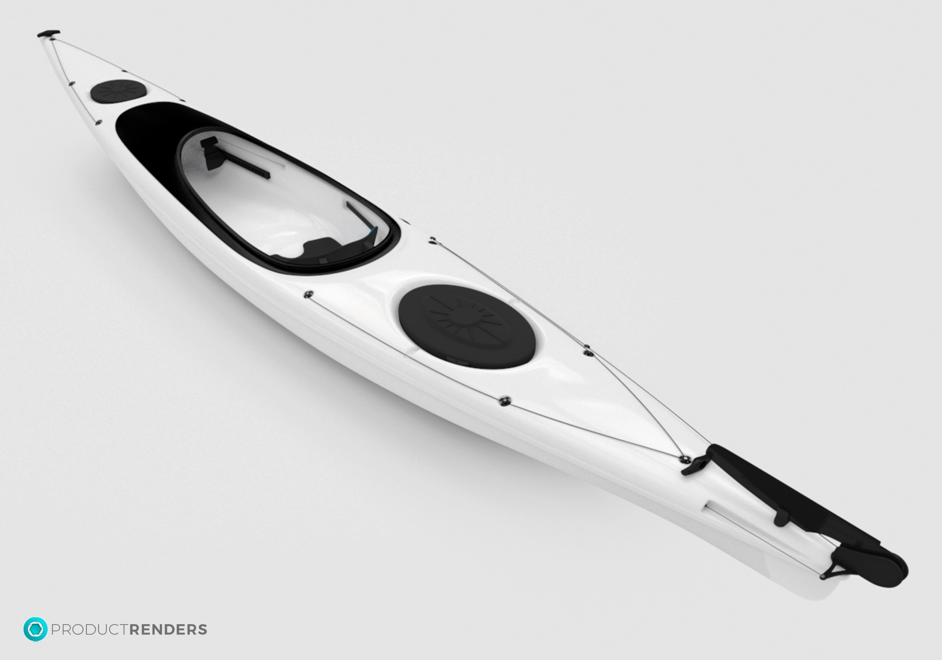 A white kayak with a black seat and rudder on a white background.