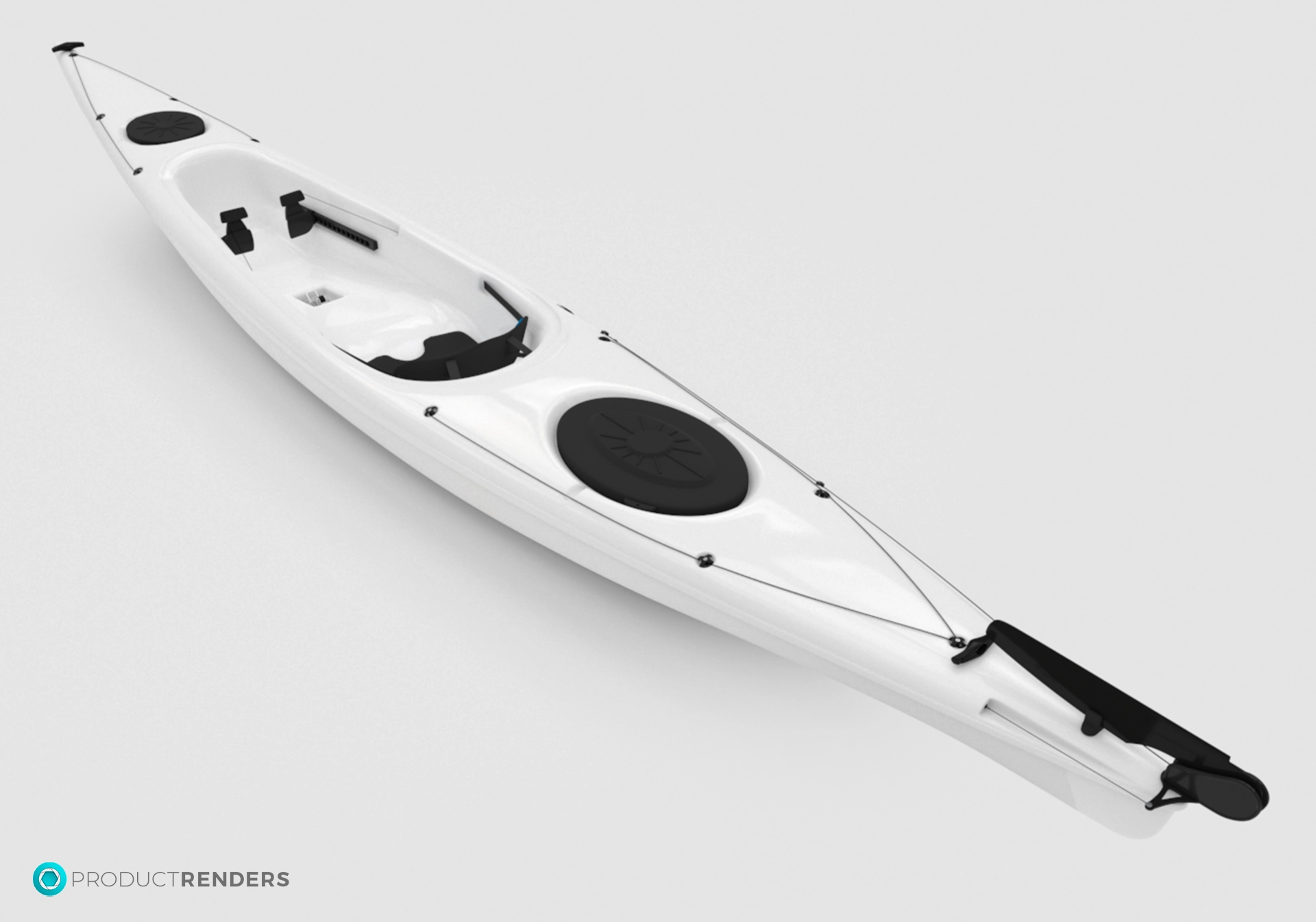 A white and black kayak on a white background.