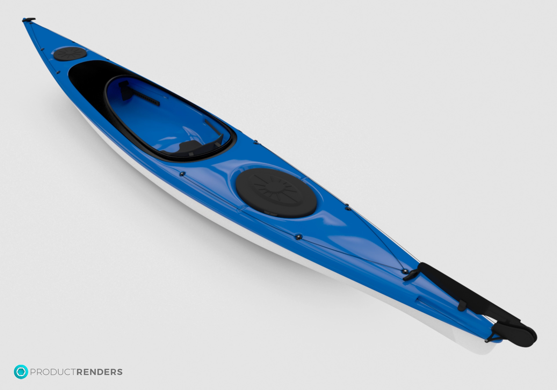 A blue and white kayak on a white background.