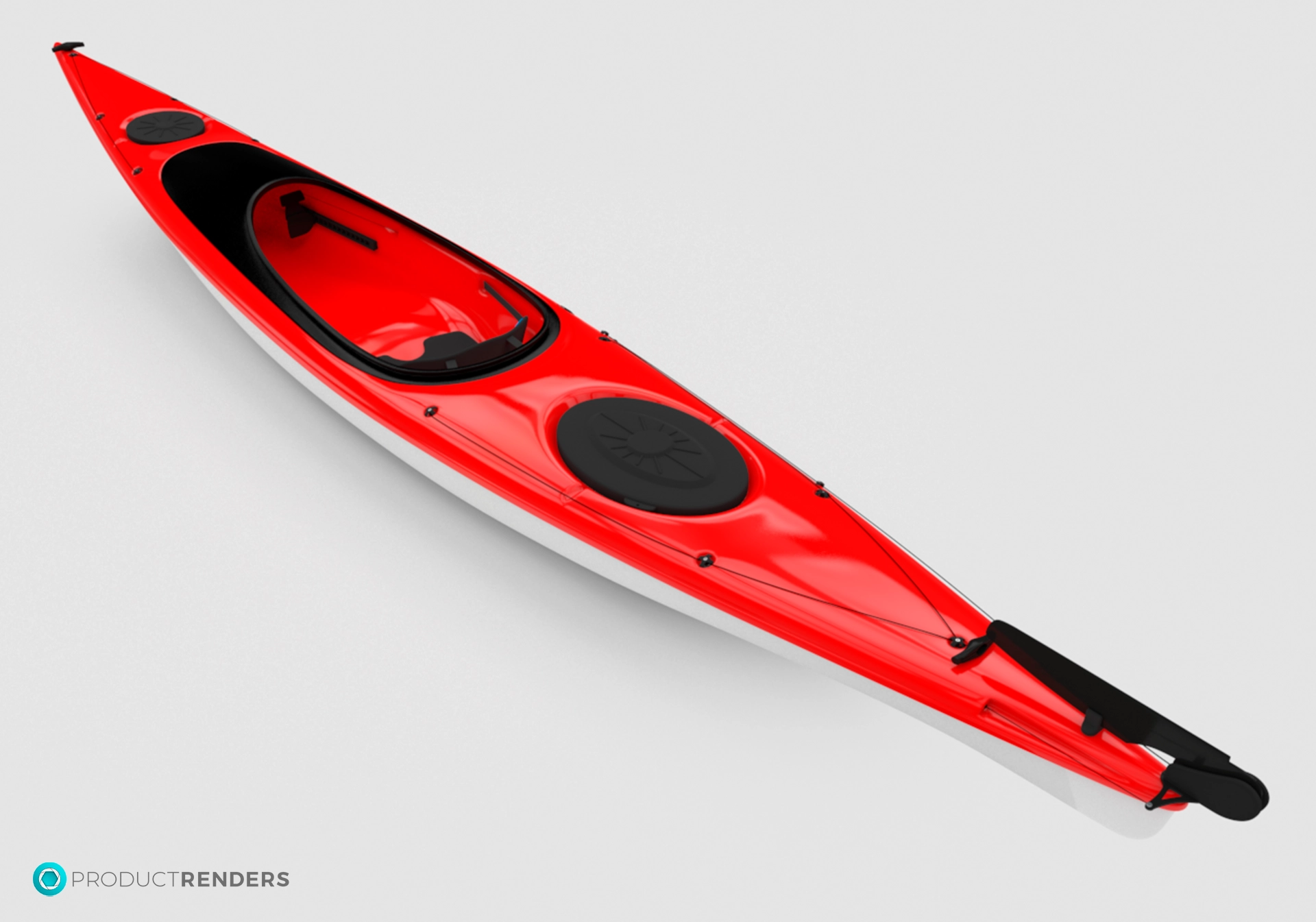 A red and white kayak on a white background.