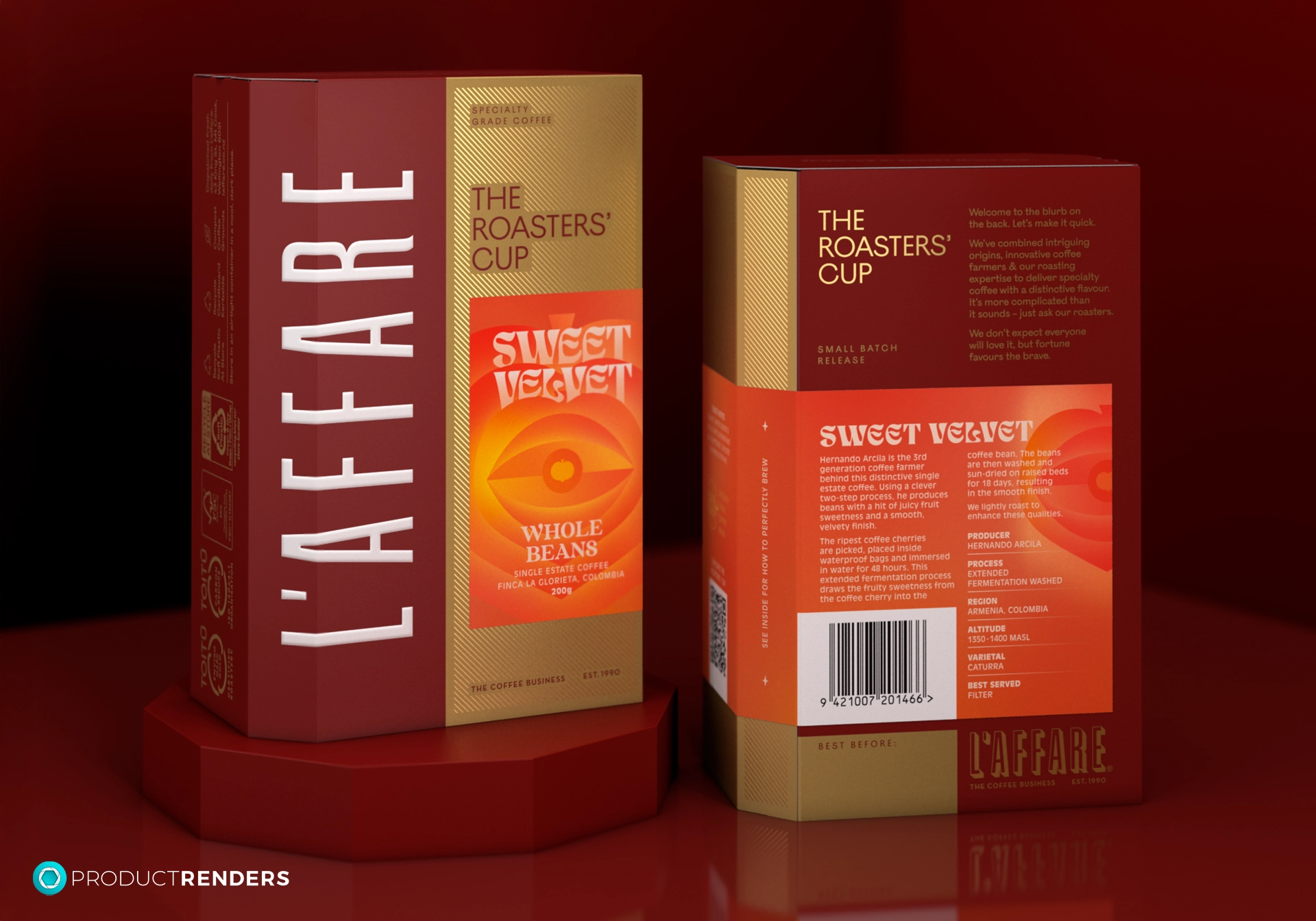 Two boxes of L'affare Sweet Velvet coffee, one red and one gold, showing the front and back.
