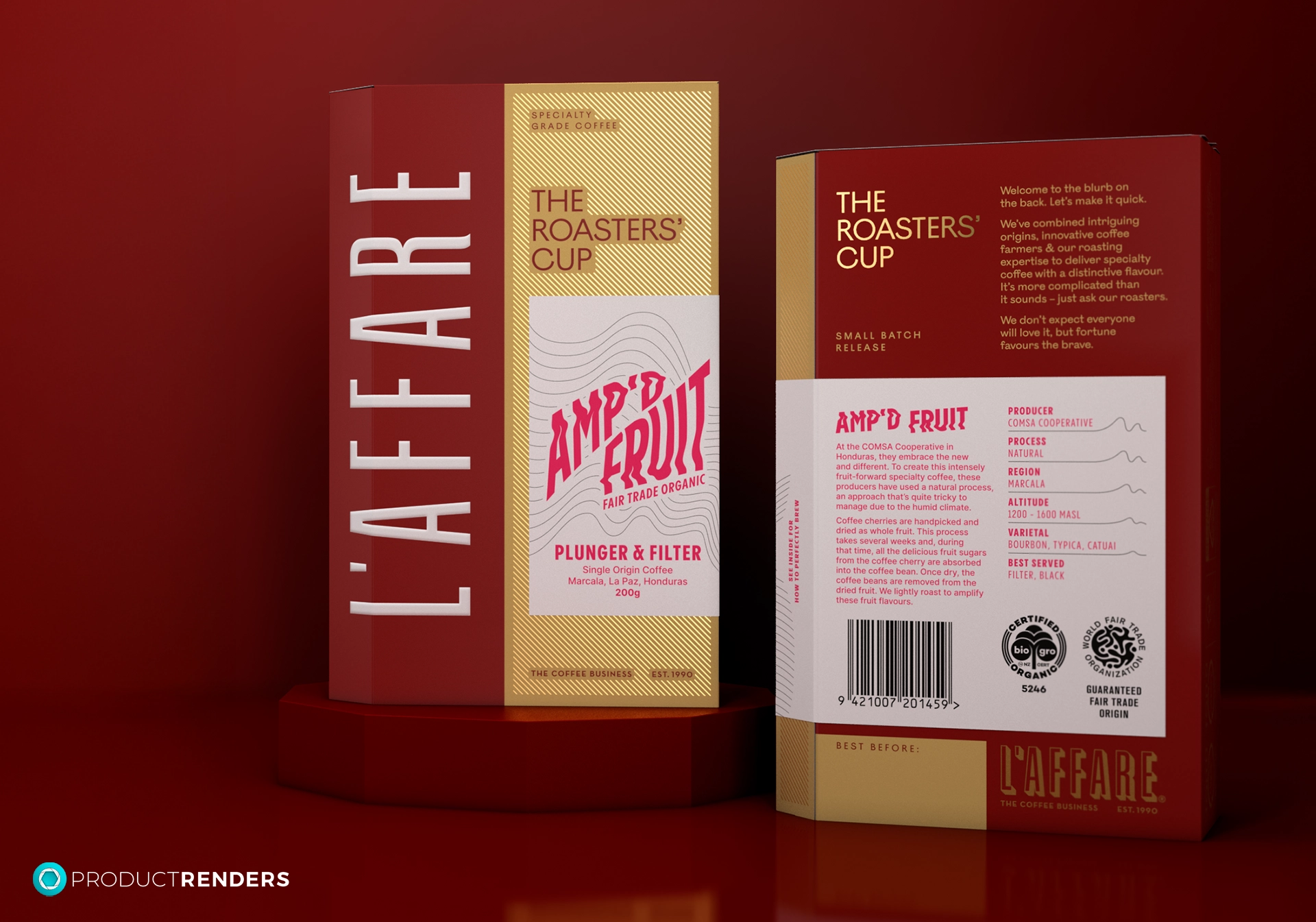 Two boxes of L'affare Amp'd Fruit coffee, one red and one gold, showing the front and back.