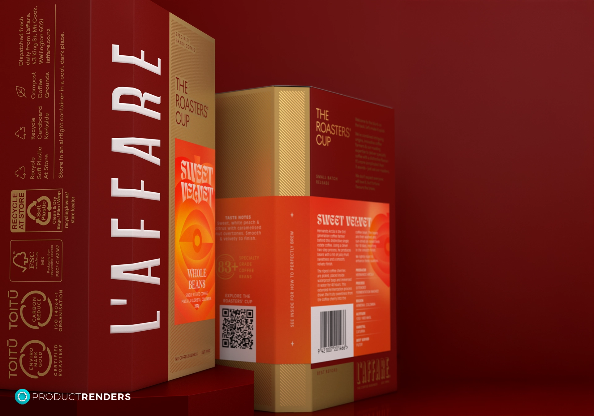 Two boxes of L'affare Sweet Velvet coffee, one red and one gold, showing the front and back.