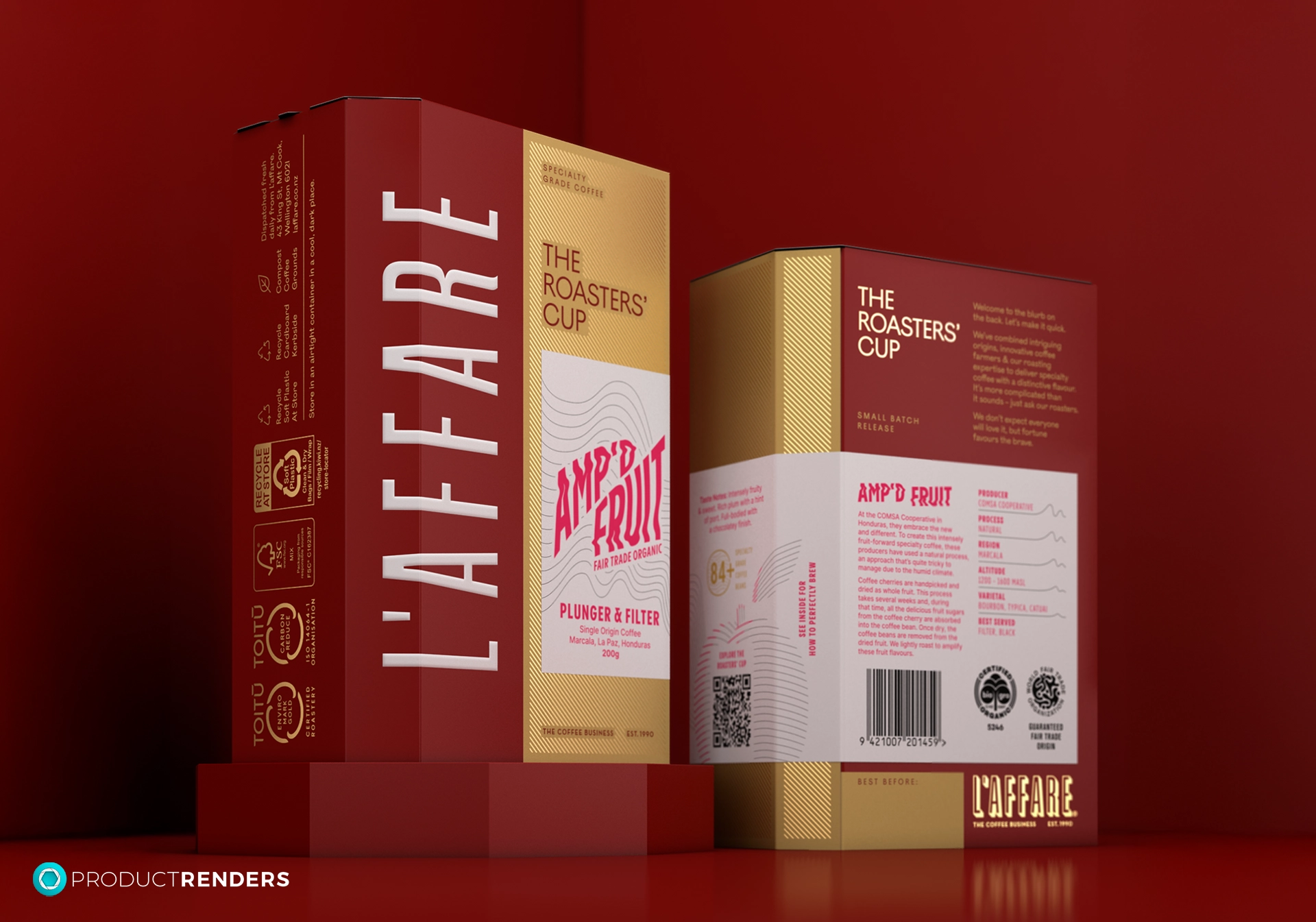 Two boxes of L'affare Amp'd Fruit coffee, one red and one gold, showing the front and back.