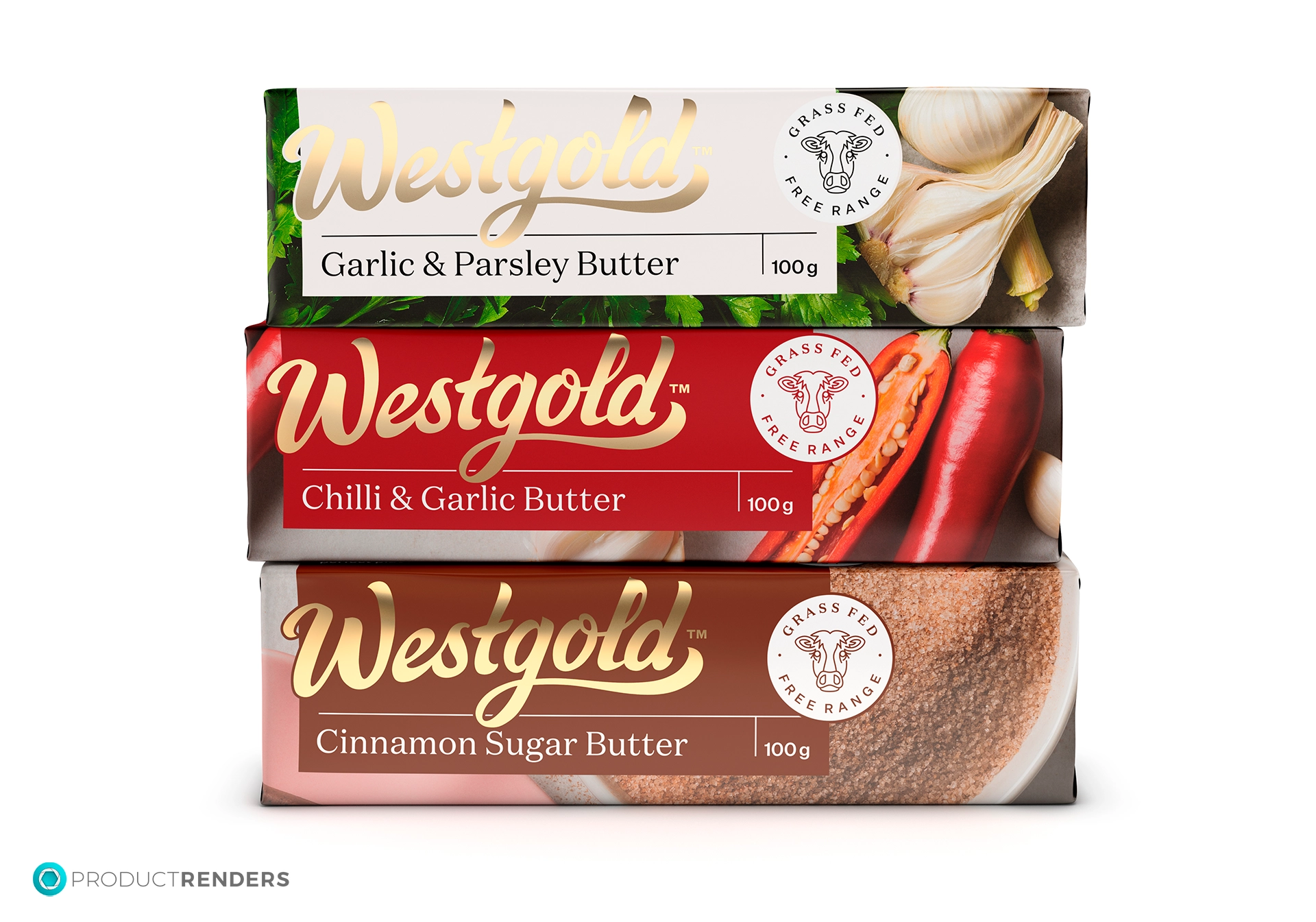 Three packages of Westgold flavoured butter: Garlic & Parsley, Chilli & Garlic, and Cinnamon Sugar.