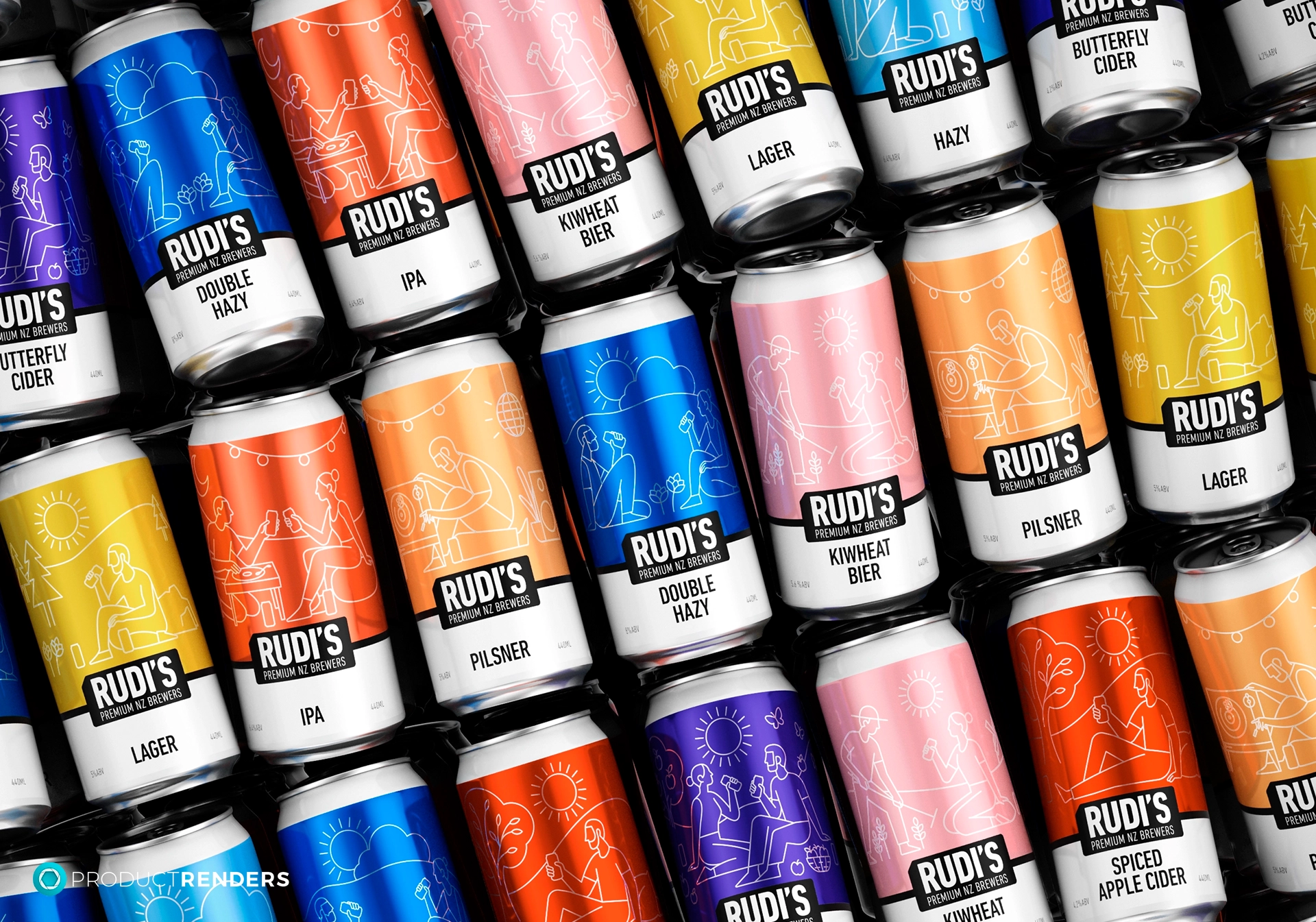 A full set of cans from the range of Rudi's products.