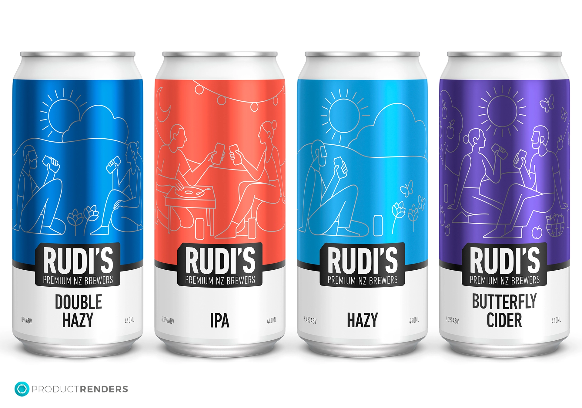 Four white aluminium cans with custom printed silver foil sticker stock printed in CMYK, with a spot white used in selected areas to create a mix of foil and matte finishes. The labels are then applied to a standard generic white 400ml can.