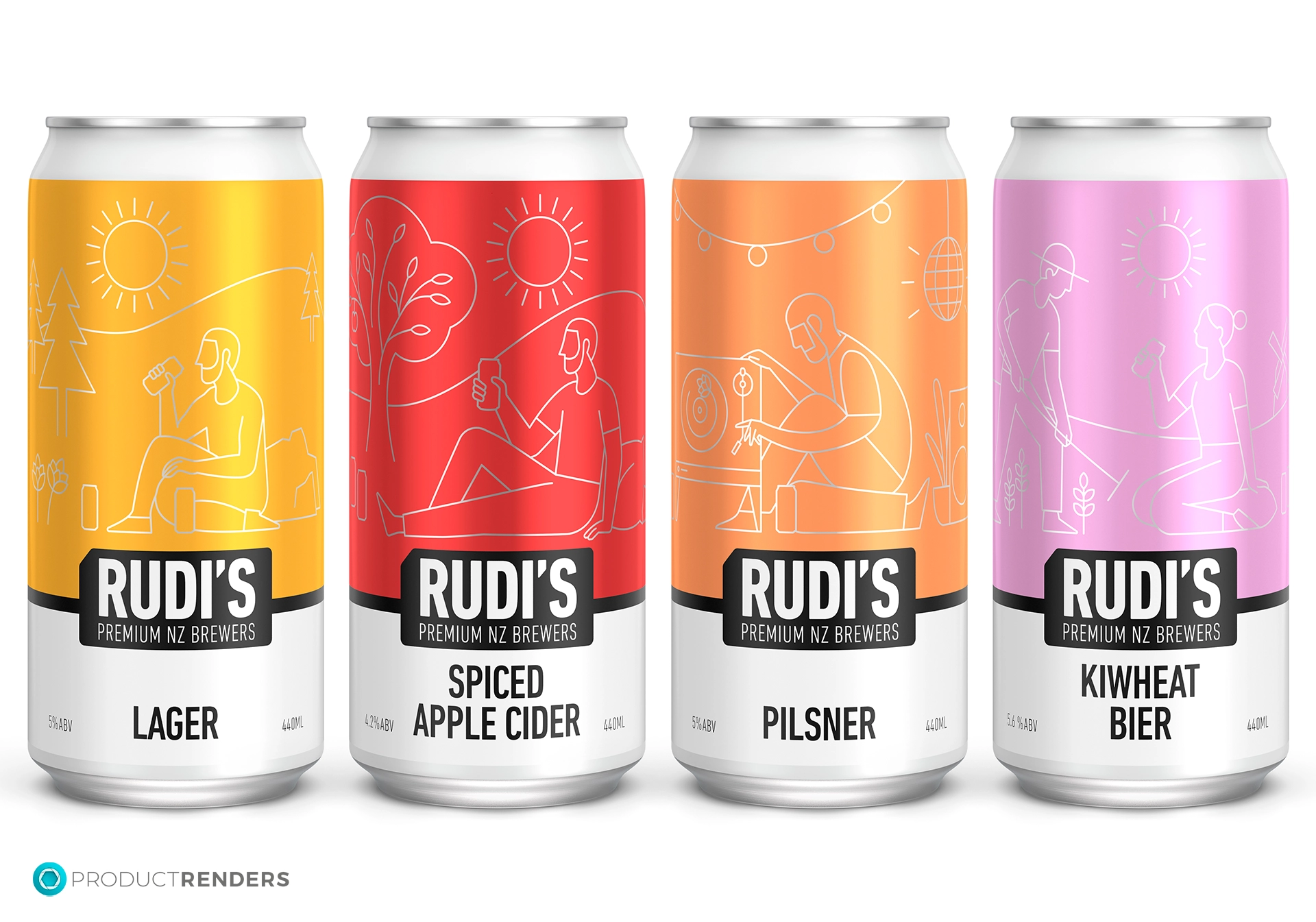 Four white aluminium cans with custom printed silver foil sticker stock printed in CMYK, with a spot white used in selected areas to create a mix of foil and matte finishes. The labels are then applied to a standard generic white 400ml can.