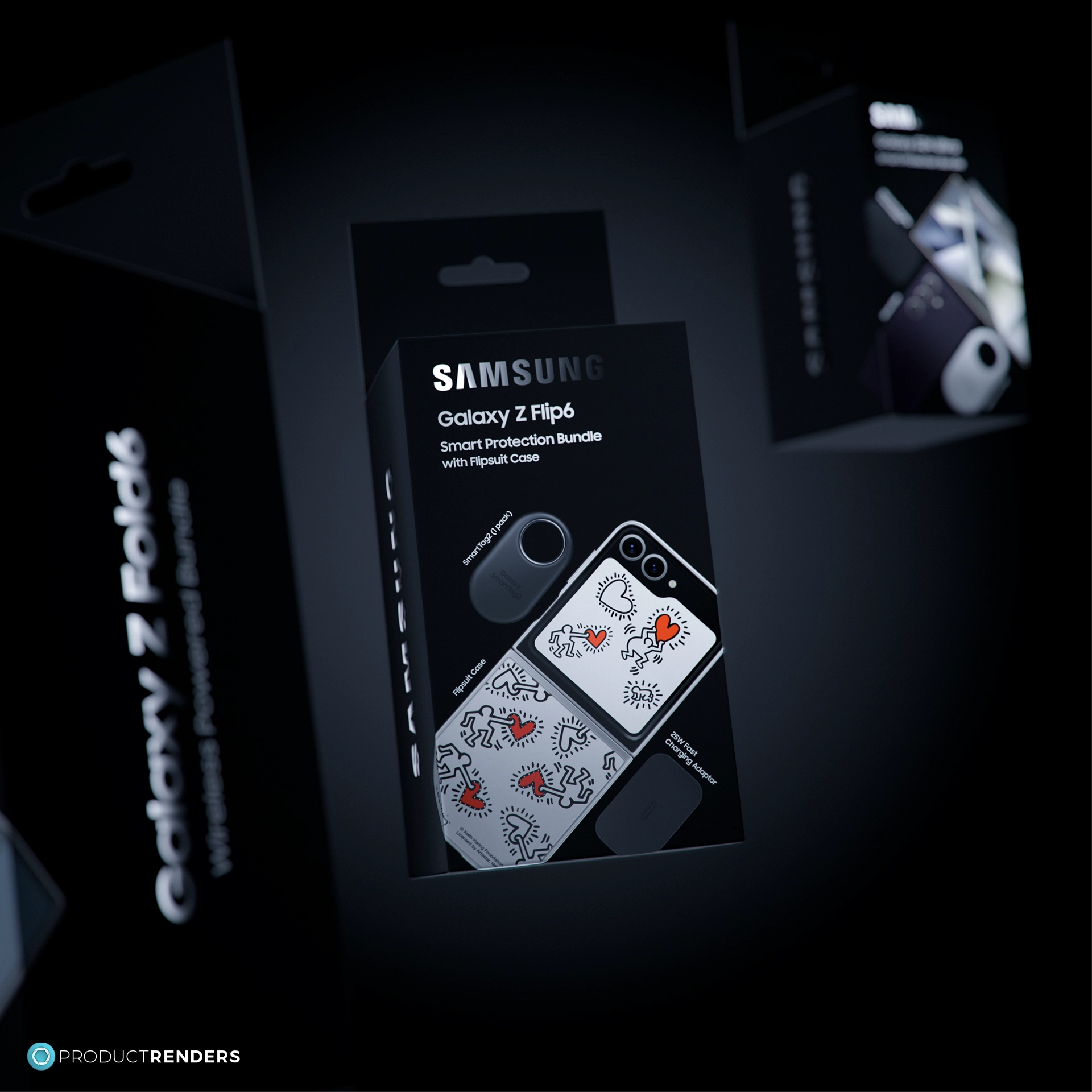 A group render of the three of a Samsung bundle boxes for the Galaxy S24 Ultra, Z Flip6 and Z Fold6 with the Galaxy Z Flip6 being the hero