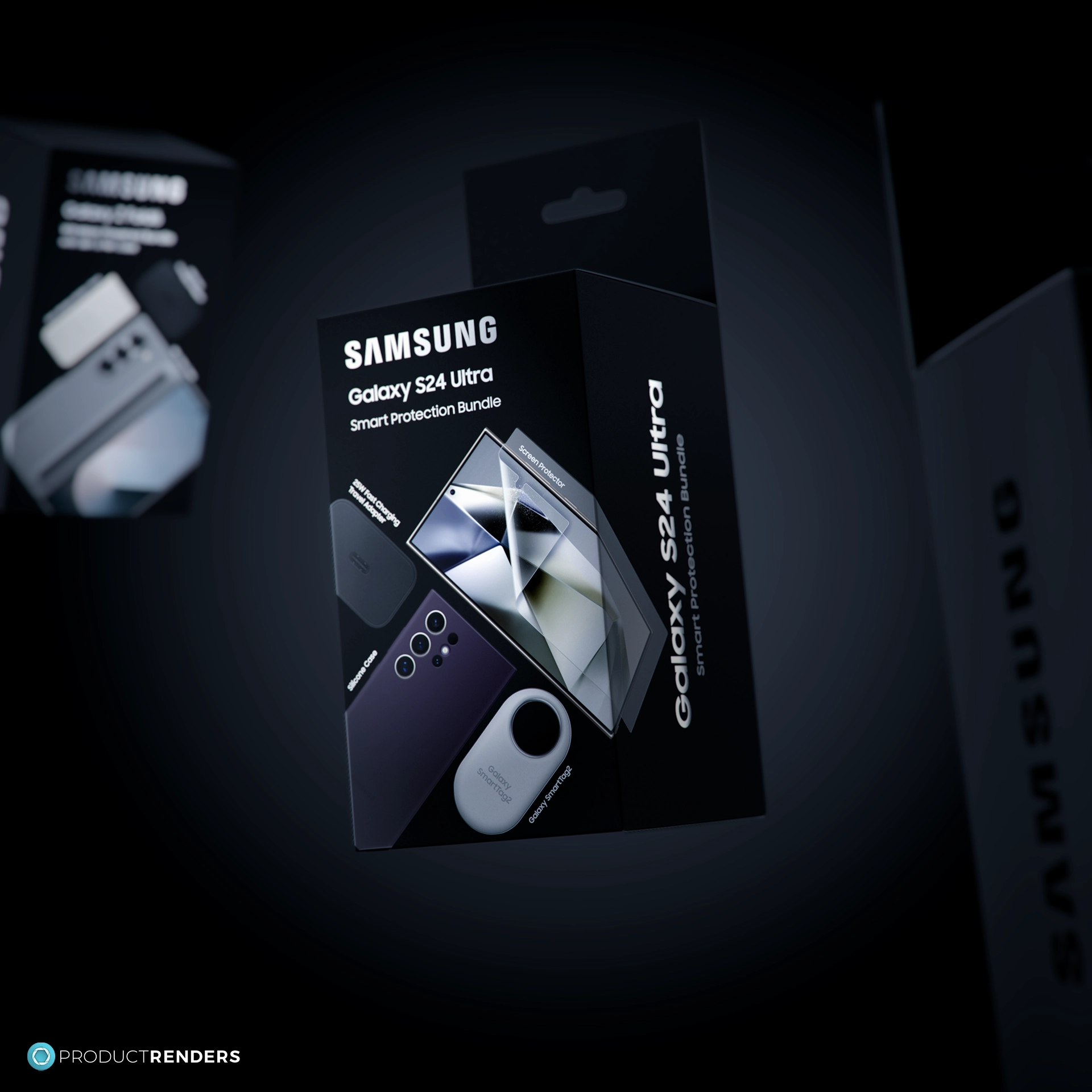 A group render of the three of a Samsung bundle boxes for the Galaxy S24 Ultra, Z Flip6 and Z Fold6 with the Galaxy S24 Ultra being the hero
