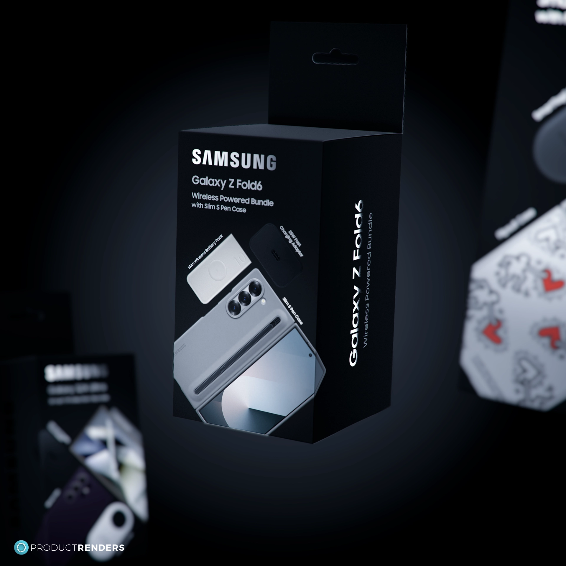 A group render of the three of a Samsung bundle boxes for the Galaxy S24 Ultra, Z Flip6 and Z Fold6 with the Galaxy Z Fold6 being the hero