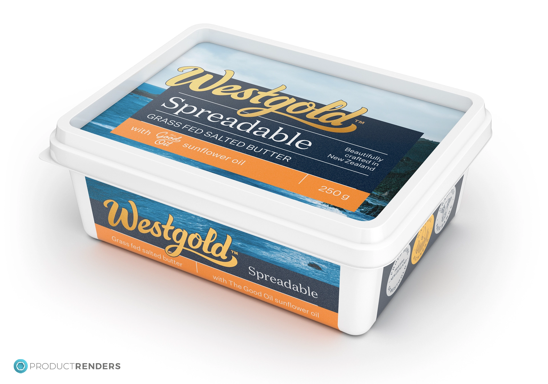 A 3 quarter angle render of the Westgold Spreadable 250g retail container