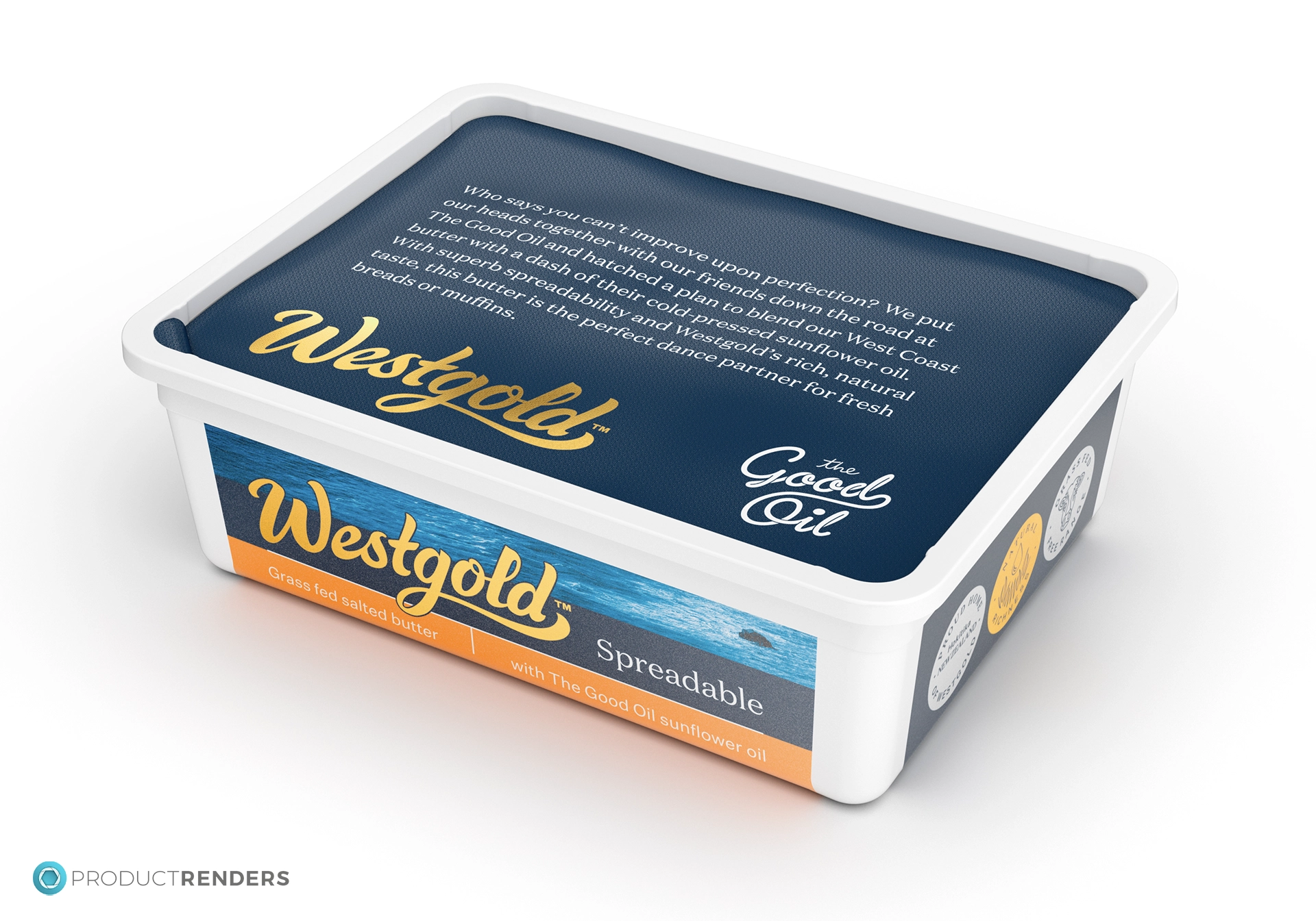 A 3 quarter angle render of the Westgold Spreadable 250g retail container with the lid off
