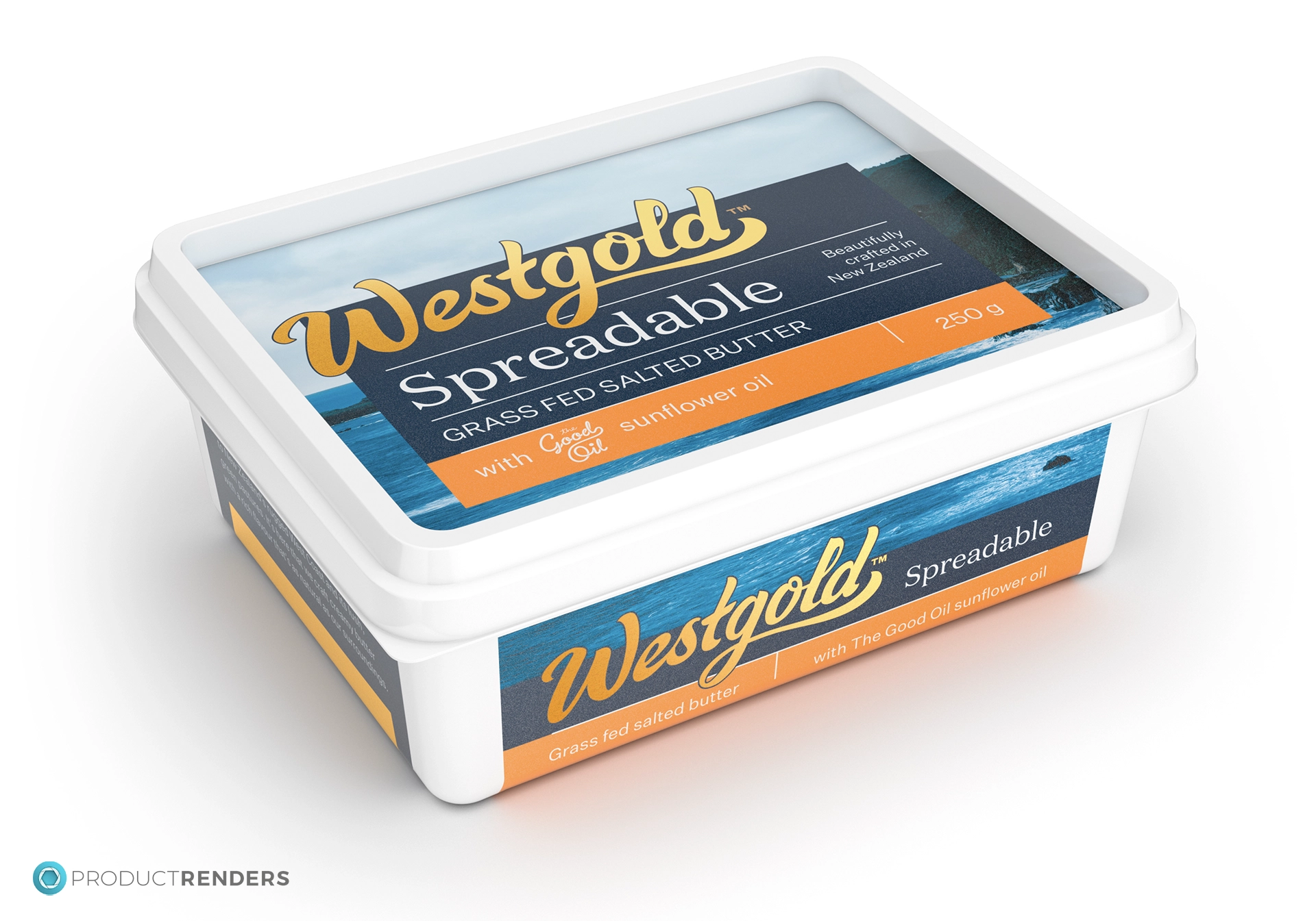 An alternative 3 quarter angle render of the Westgold Spreadable 250g retail container