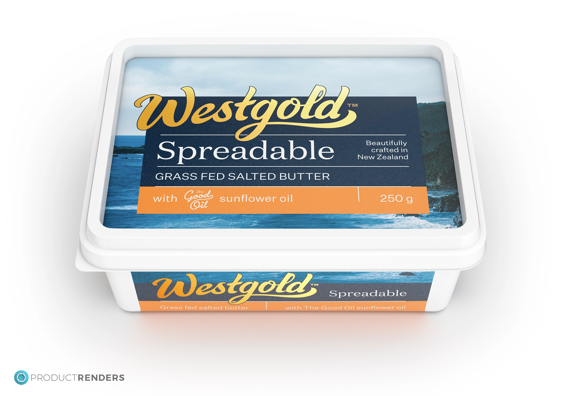 An front down angle render of the Westgold Spreadable 250g retail container
