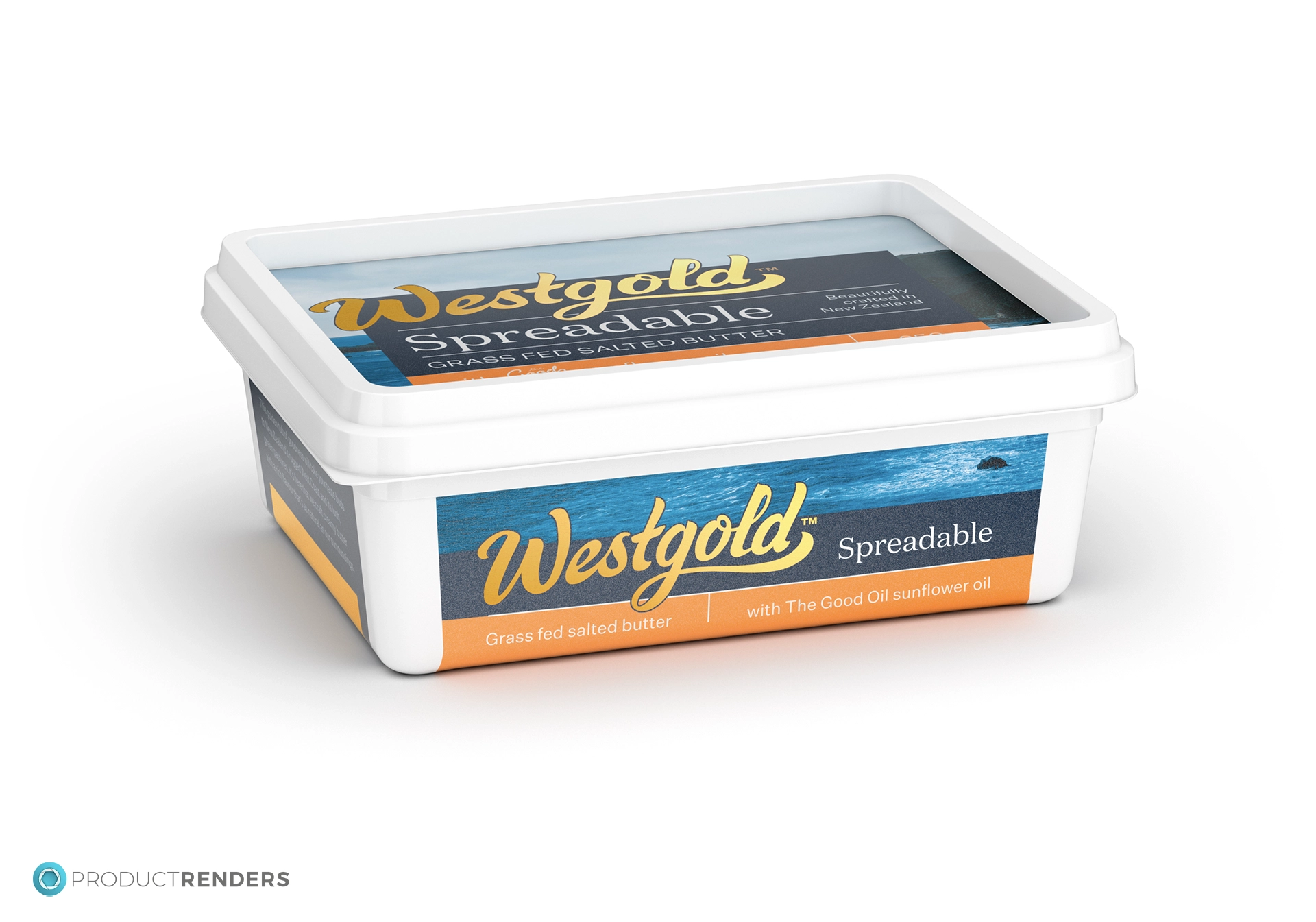 An lower 3 quarter angle render of the Westgold Spreadable 250g retail container