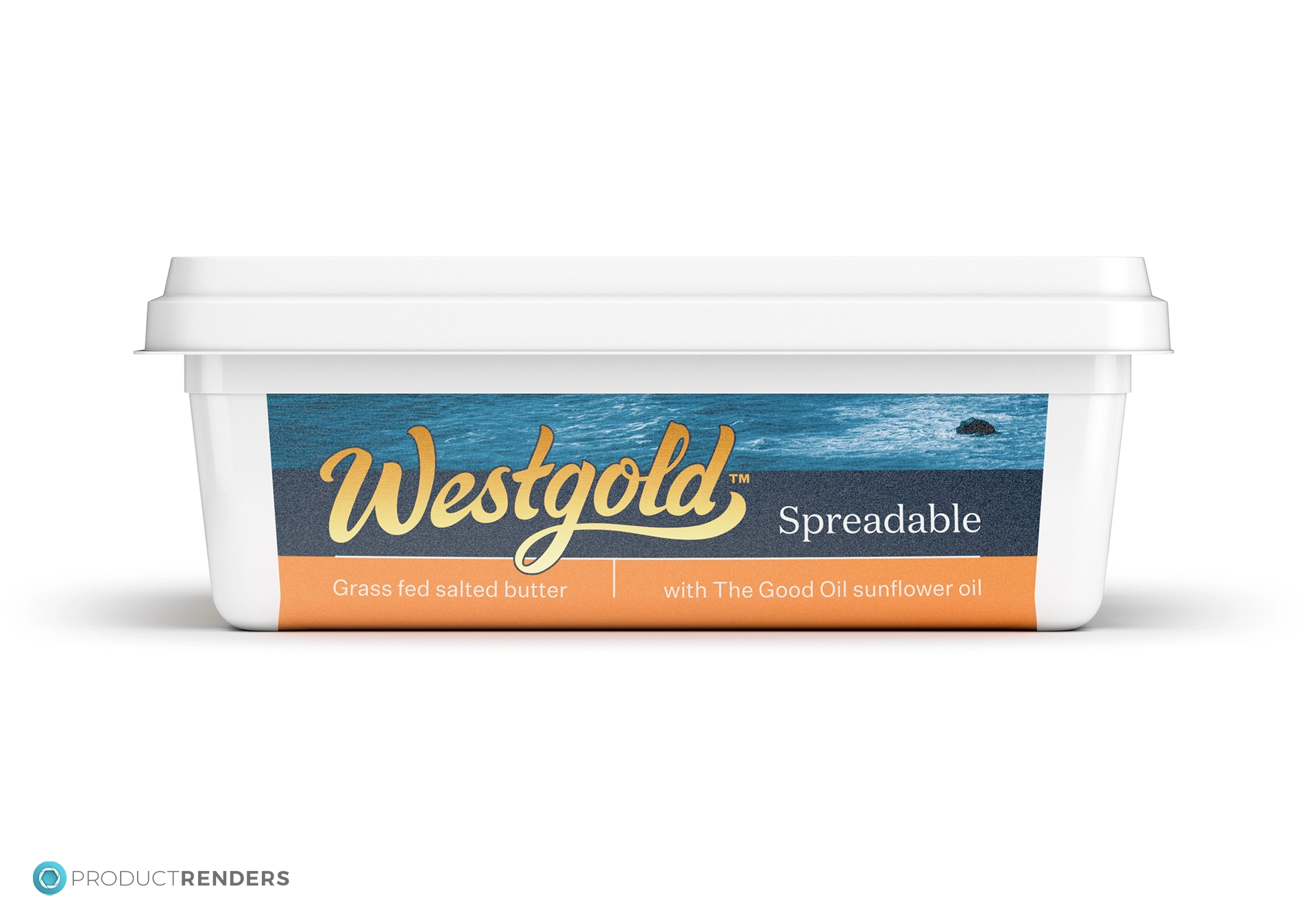 A lower side render of the Westgold Spreadable 250g retail container